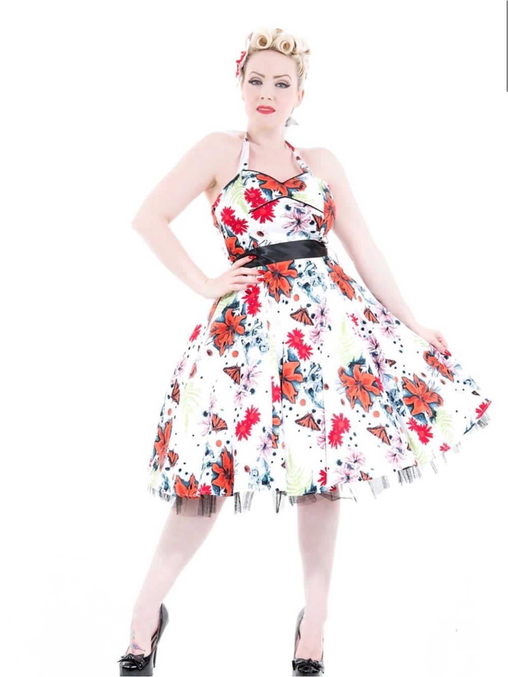 Hearts & Roses White tiger Swallowtail Red Daisy 50's Halter Dress size 12